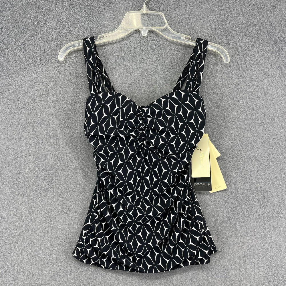 Profile by Gottex Tankini Top Womens 32D Black White Geometric Ruched Underwire